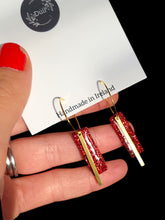 Load image into Gallery viewer, Red &amp; gold sparkle dangling hoop earrings - Dúil
