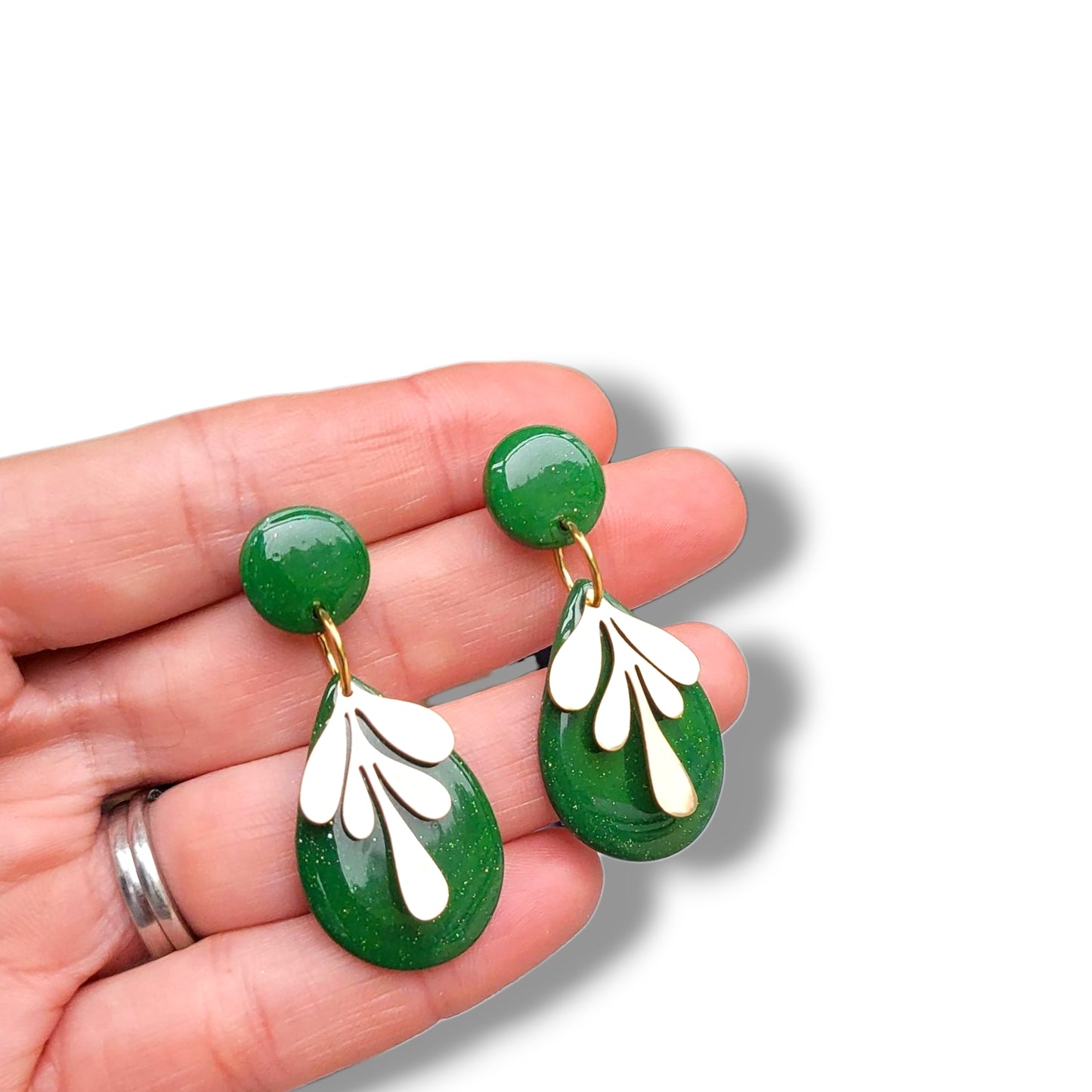 Olive Green & Gold Teardrop Dangle Earrings