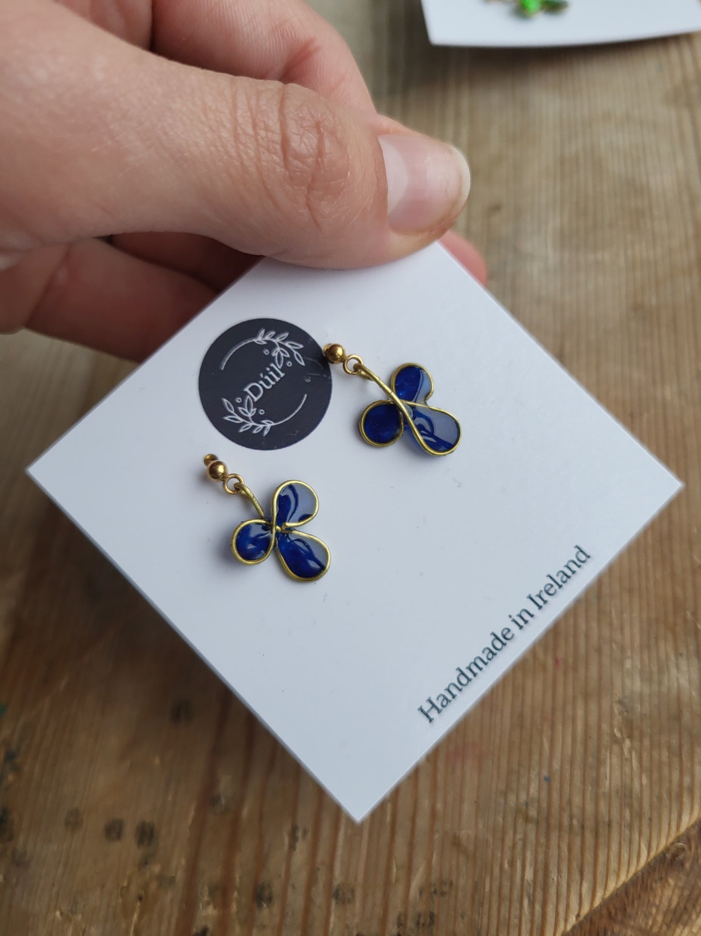 Blue Shamrock Dainty Dangle Earrings