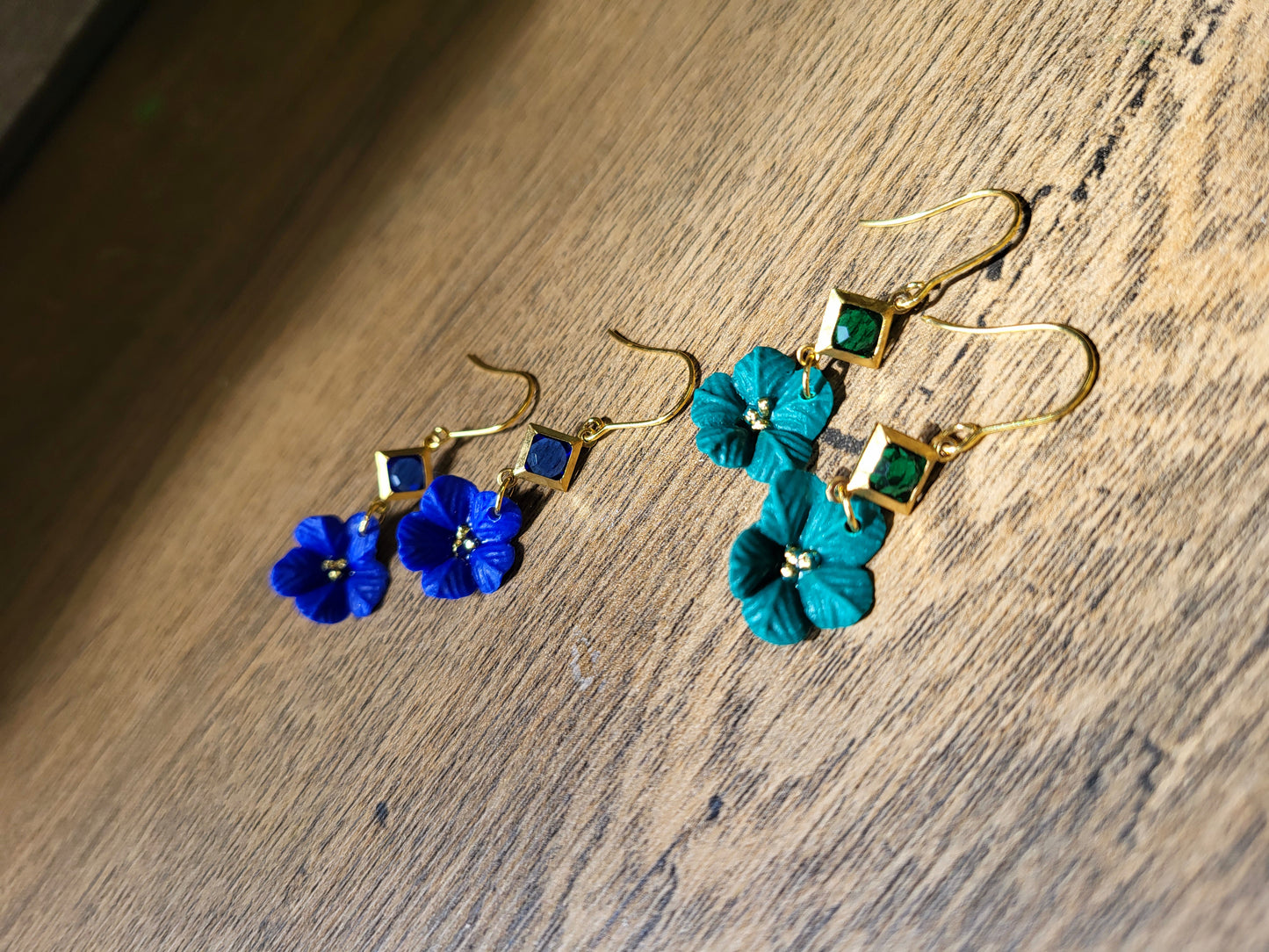 Green and gold flower earrings