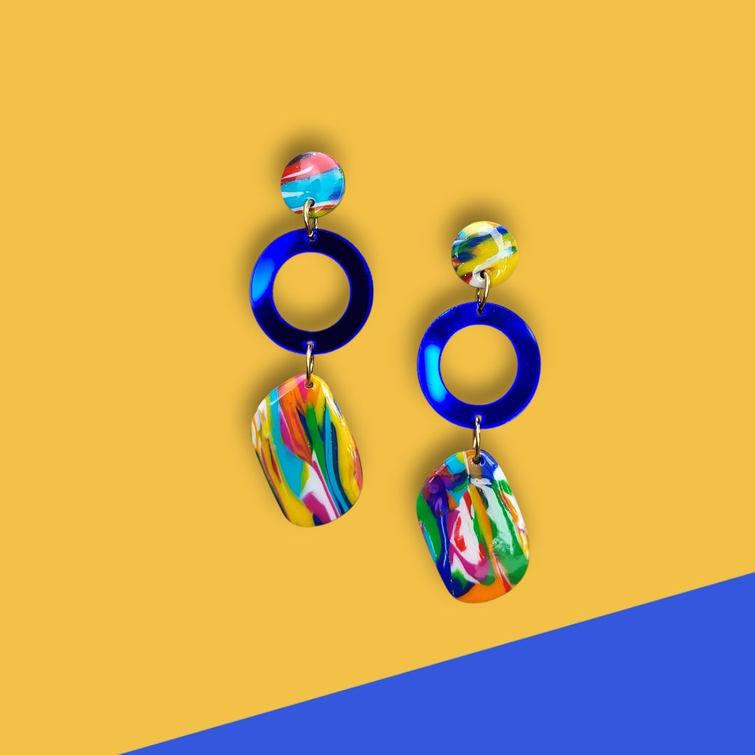 Colourful Modern Dangle Earrings with Blue Hoop