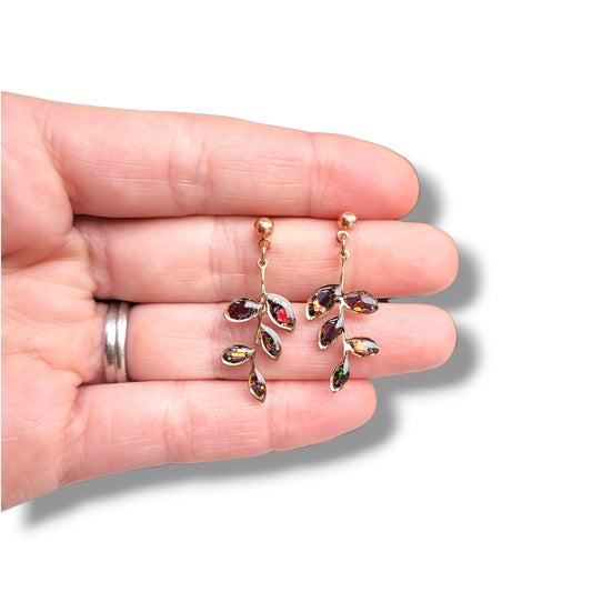 Garnet & Rose Gold Leaf Drop Earrings, Handmade Irish Jewellery, Botanical Collection