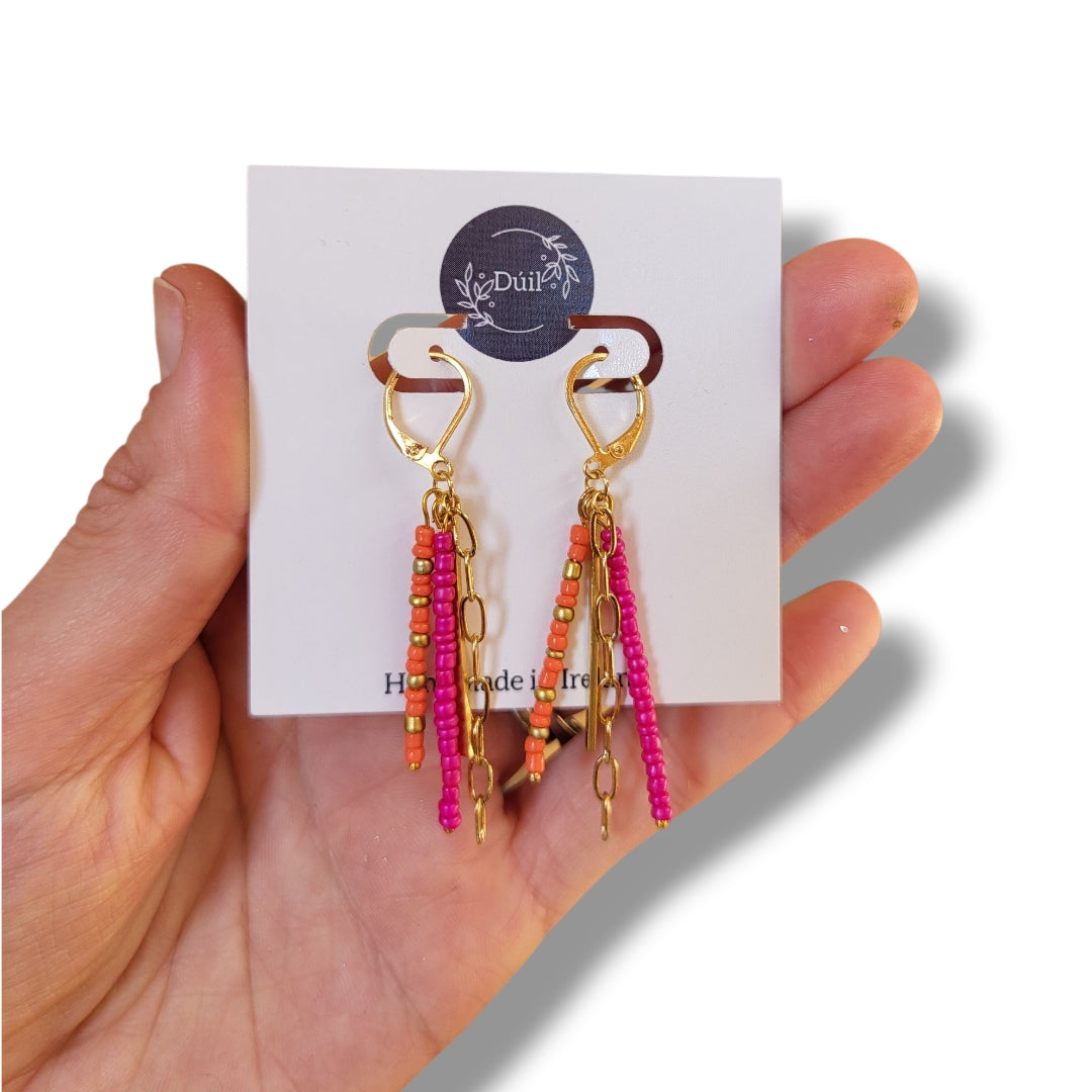 Pink and Orange Beaded Dangle Earrings