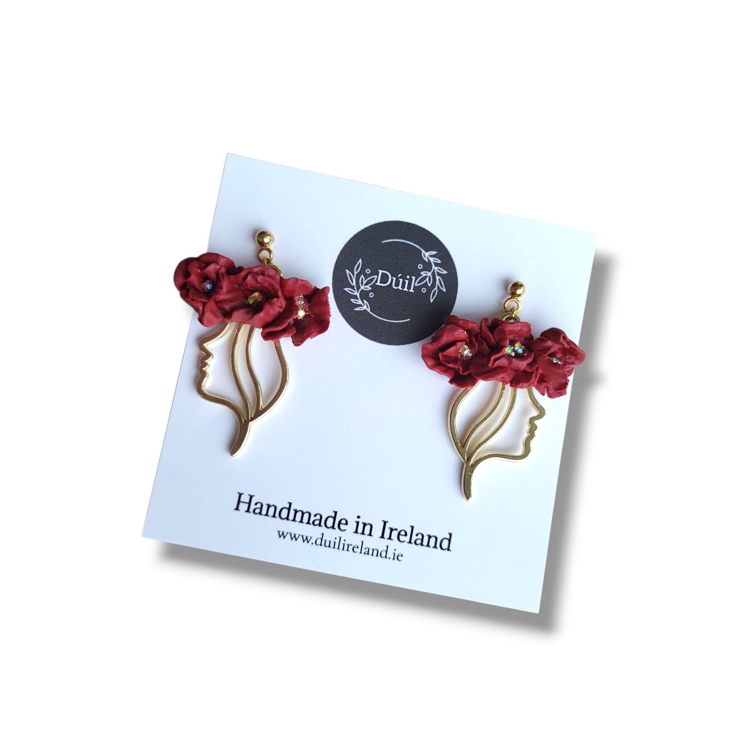 Dúil Doireann Deep Red Flower Goddess Statement Earrings - Handmade Irish Jewellery