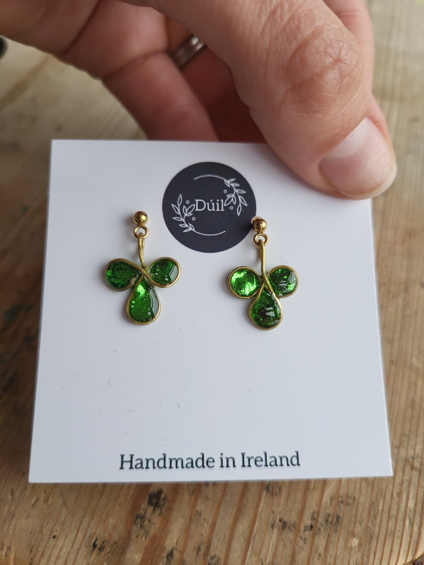 Green Shimmer Shamrock Dainty Dangle Earrings