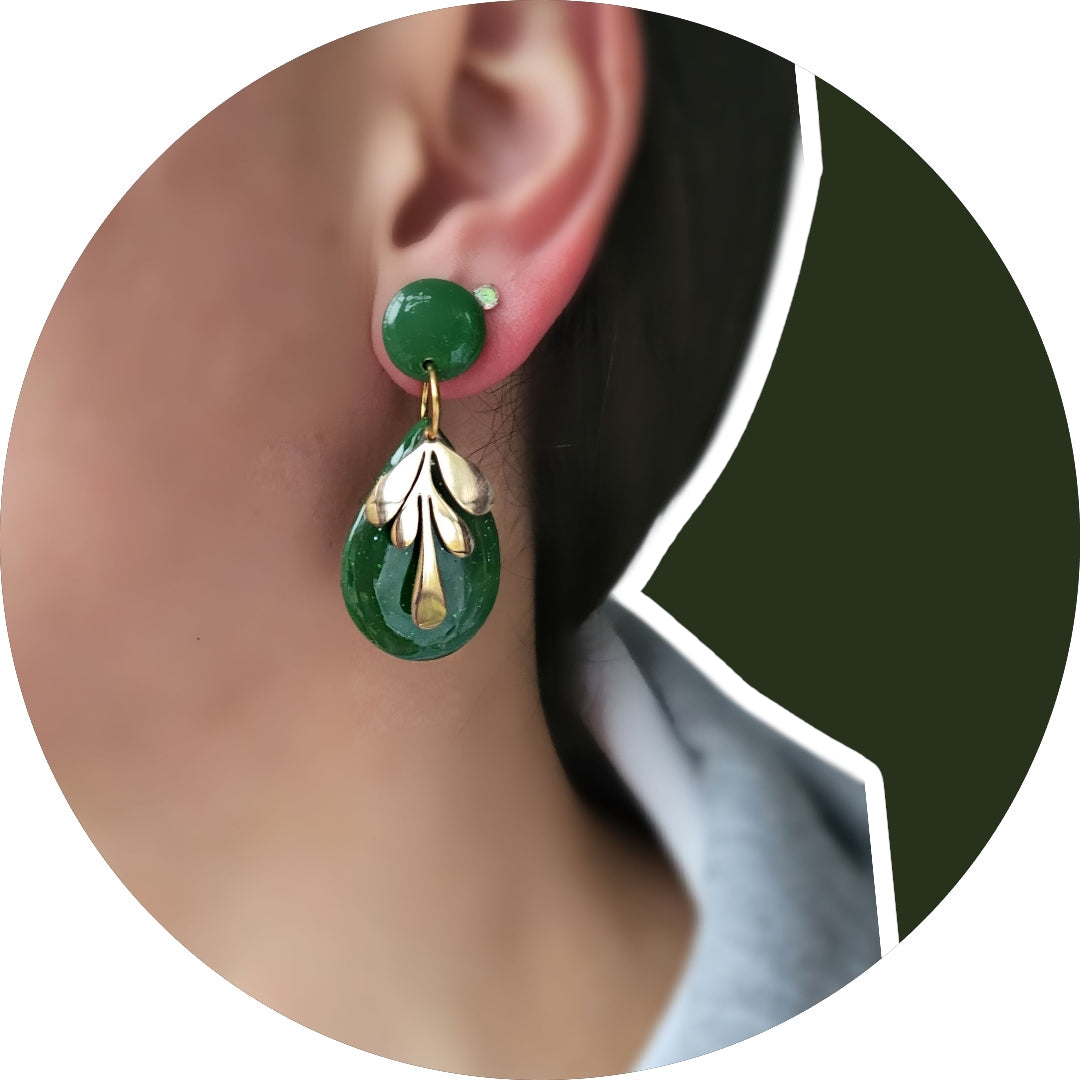 Olive Green & Gold Teardrop Dangle Earrings