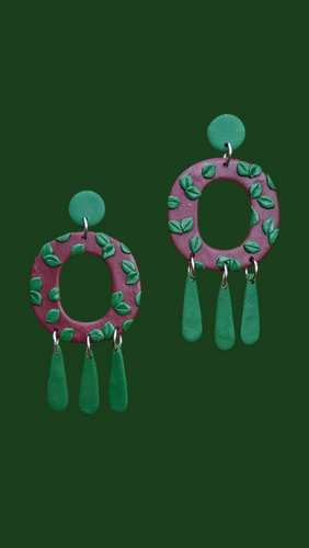 Maroon and Green Statement Dangle Earrings  | Dúil Jewellery 