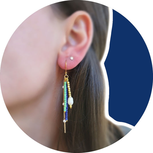 Blue and Green Beaded Dangle Earrings