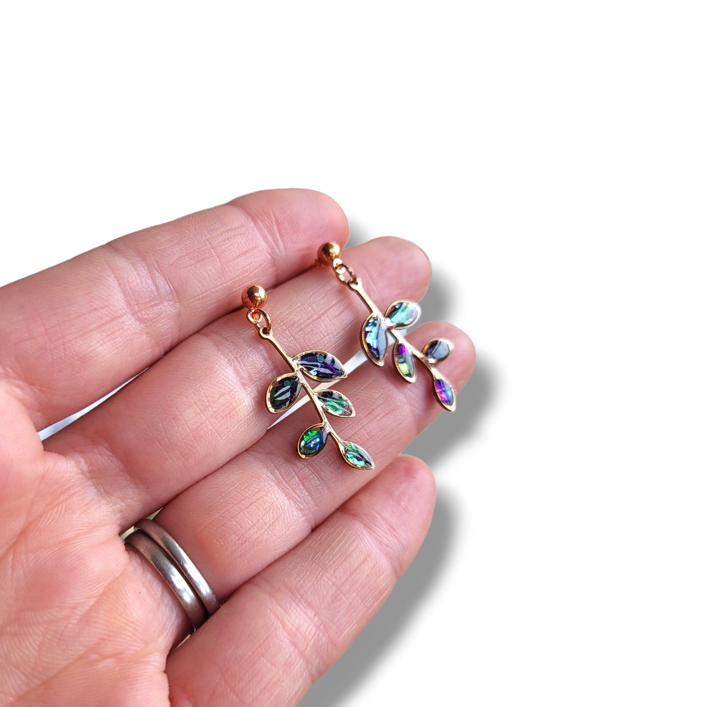 Iridescent Gold Leaf Drop Earrings, Handmade Irish Jewellery, Nature Collection