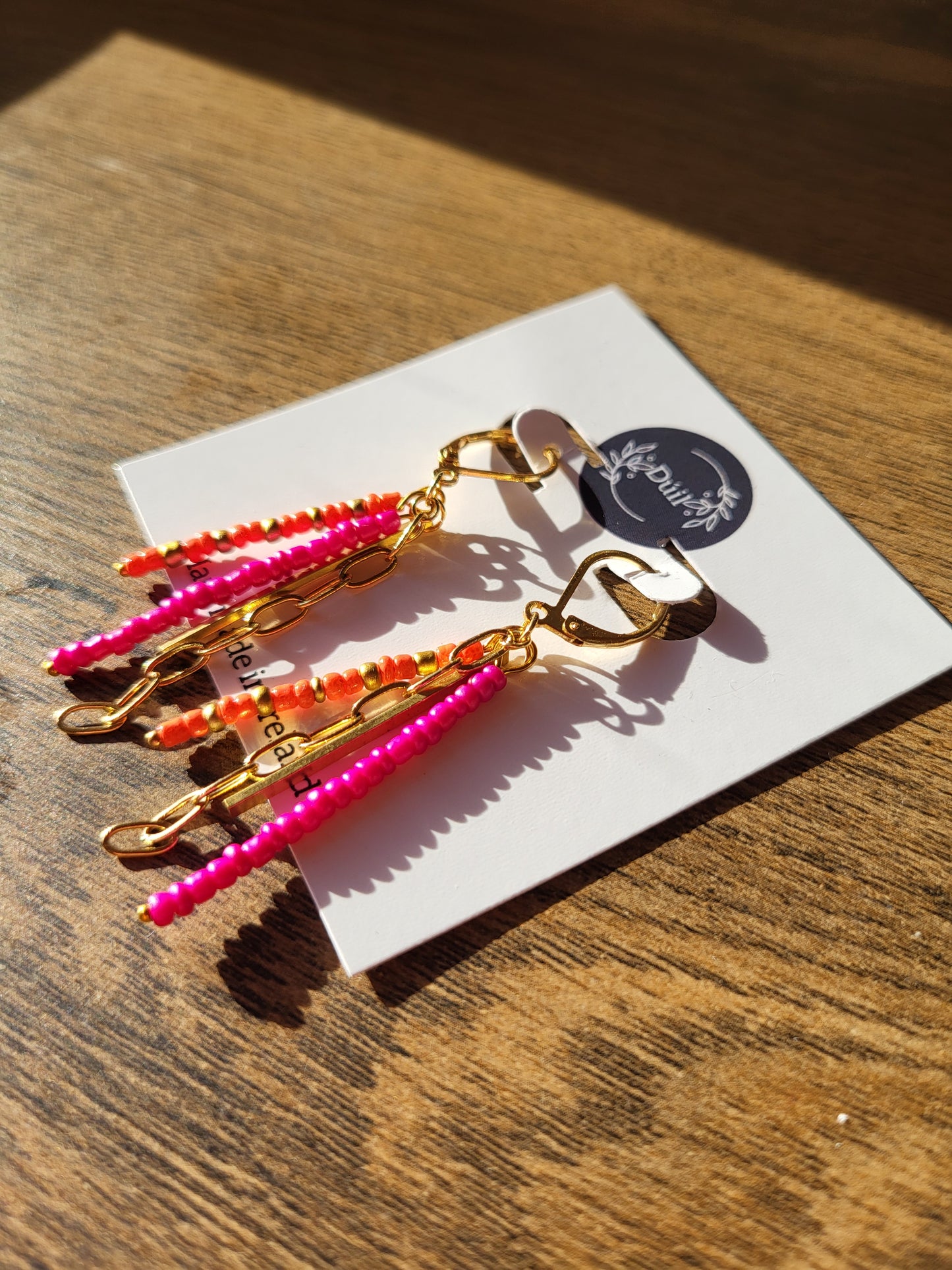 Pink and Orange Beaded Dangle Earrings