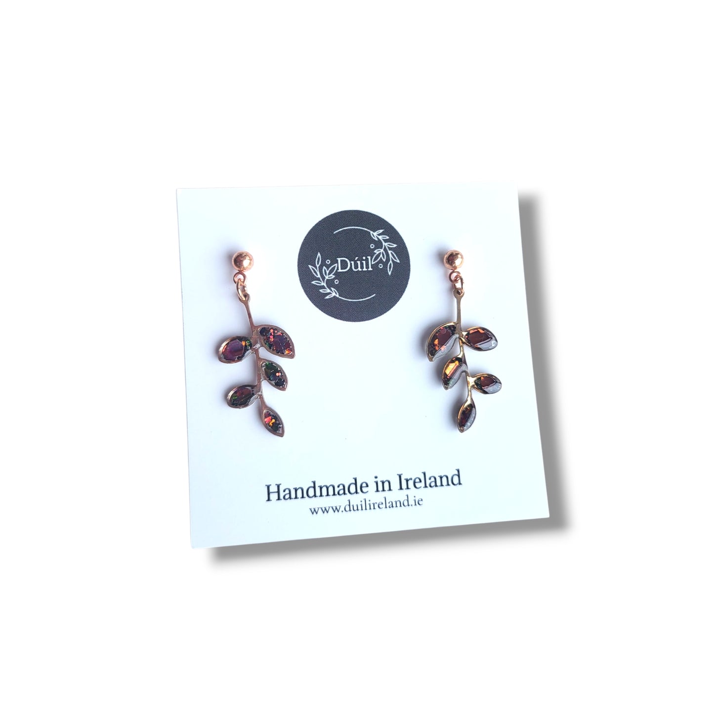 Garnet & Rose Gold Leaf Drop Earrings, Handmade Irish Jewellery, Botanical Collection