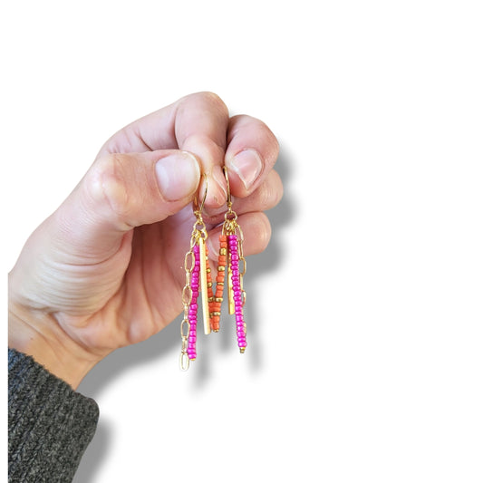 Pink and Orange Beaded Dangle Earrings