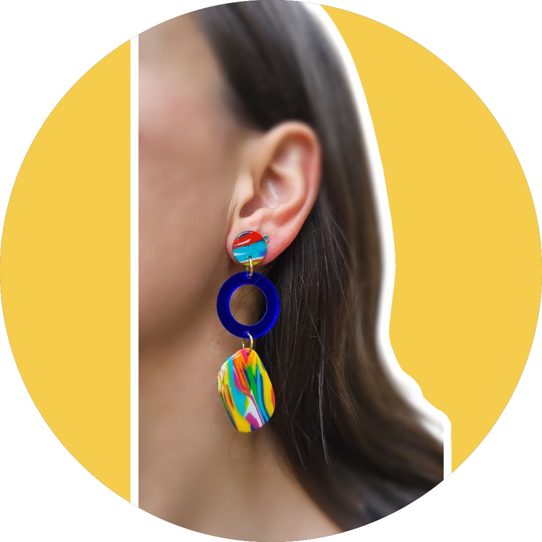 Colourful Modern Dangle Earrings with Blue Hoop