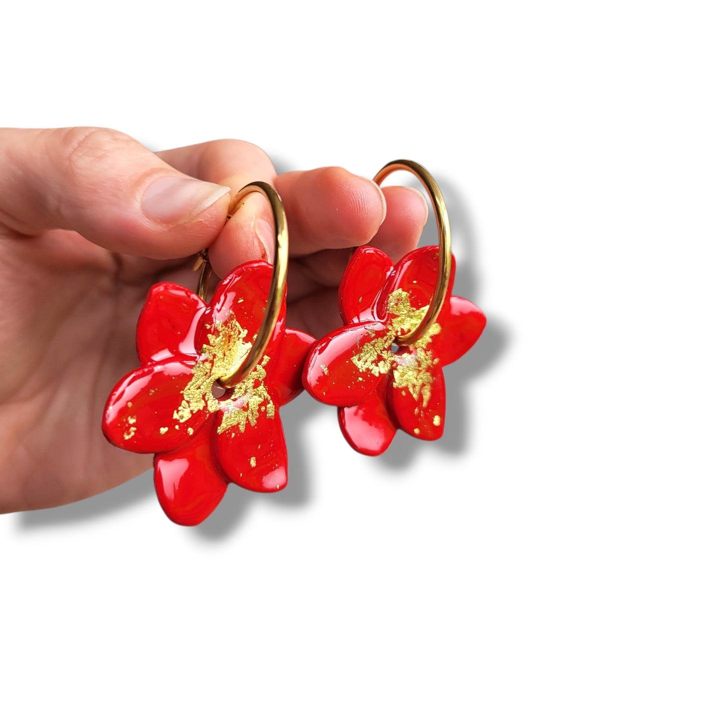 Red and Gold Flower Hoop Earrings
