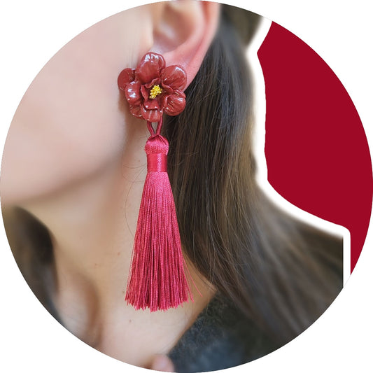 Red Flower Tassel Dangle Earrings