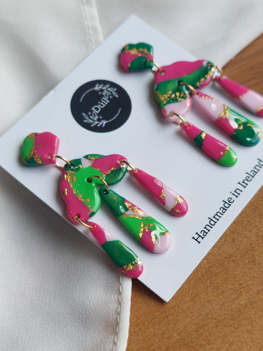 Green & pink statement dangles - Dúil