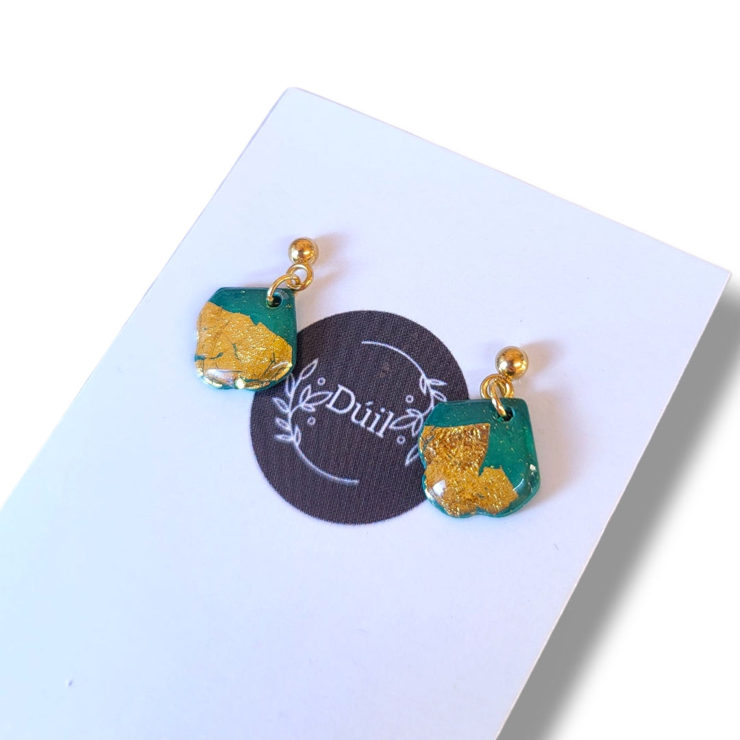 Dark Green & Gold Dainty Dangle Earrings
