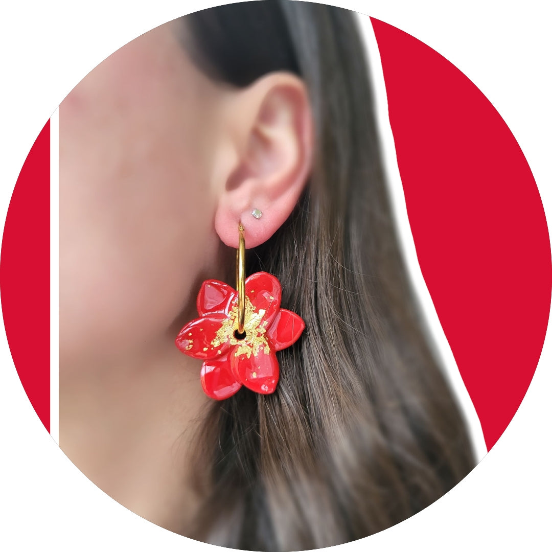 Red and Gold Flower Hoop Earrings