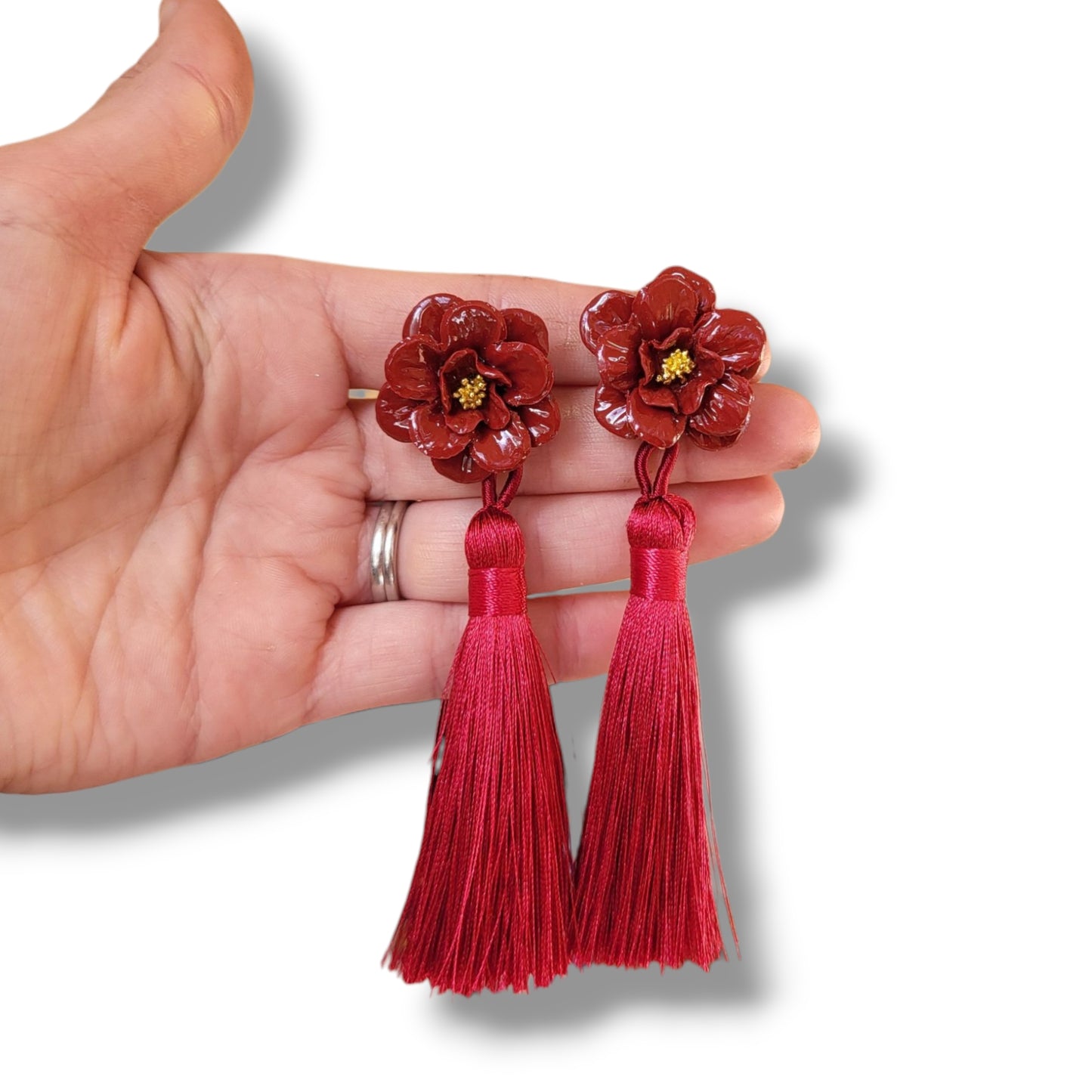 Red Flower Tassel Dangle Earrings