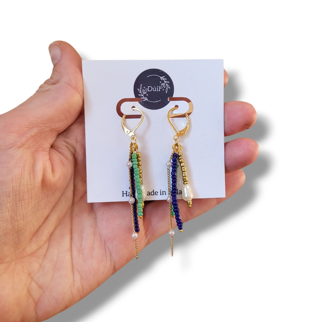 Blue and Green Beaded Dangle Earrings