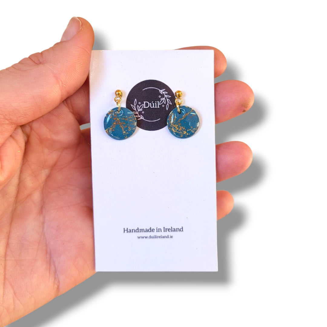 Deep Teal and Gold Dainty Dangle Earrings