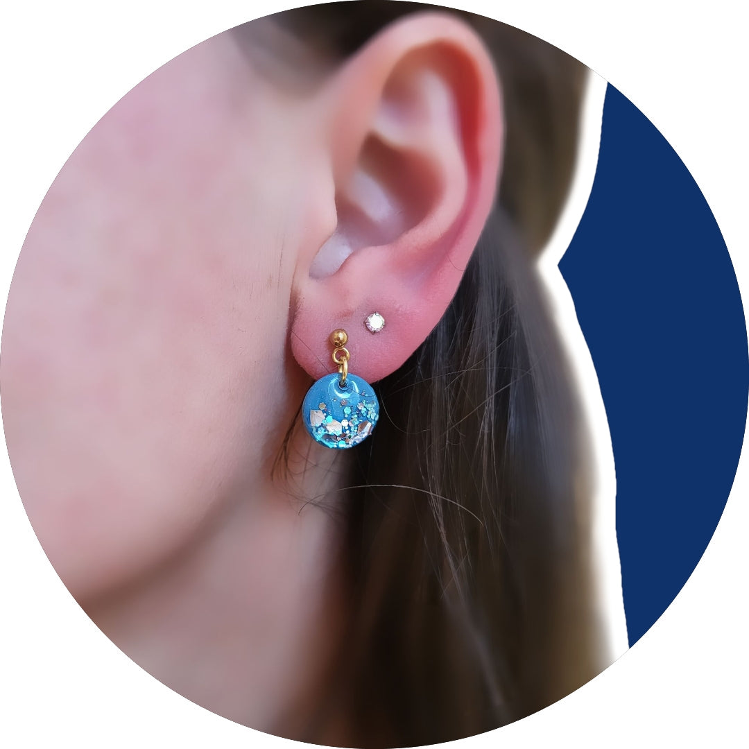 Blue Shimmer Dainty Dangle Earrings with Gold posts