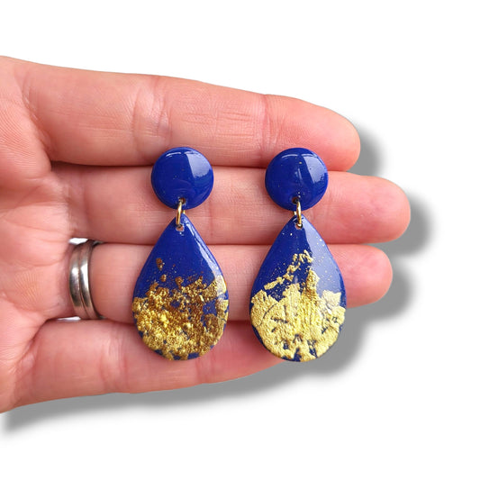 Royal Blue & Gold Teardrop Dangle Earrings