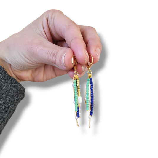 Blue and Green Beaded Dangle Earrings