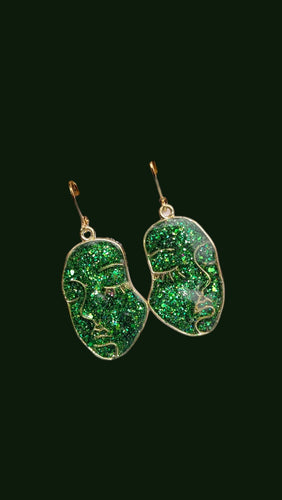 Green glitter face earrings - Dúil