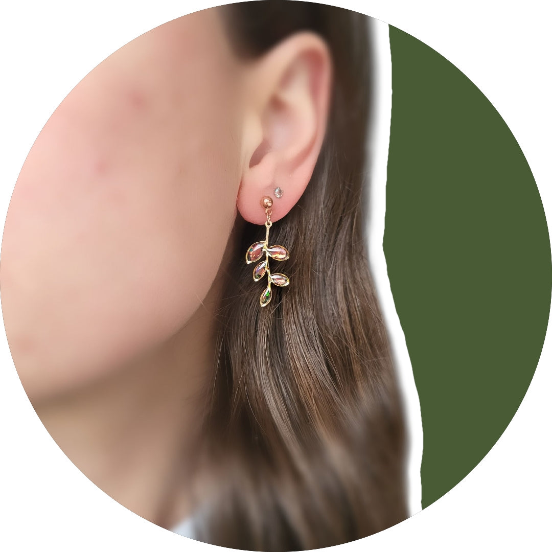 Garnet & Rose Gold Leaf Drop Earrings, Handmade Irish Jewellery, Botanical Collection