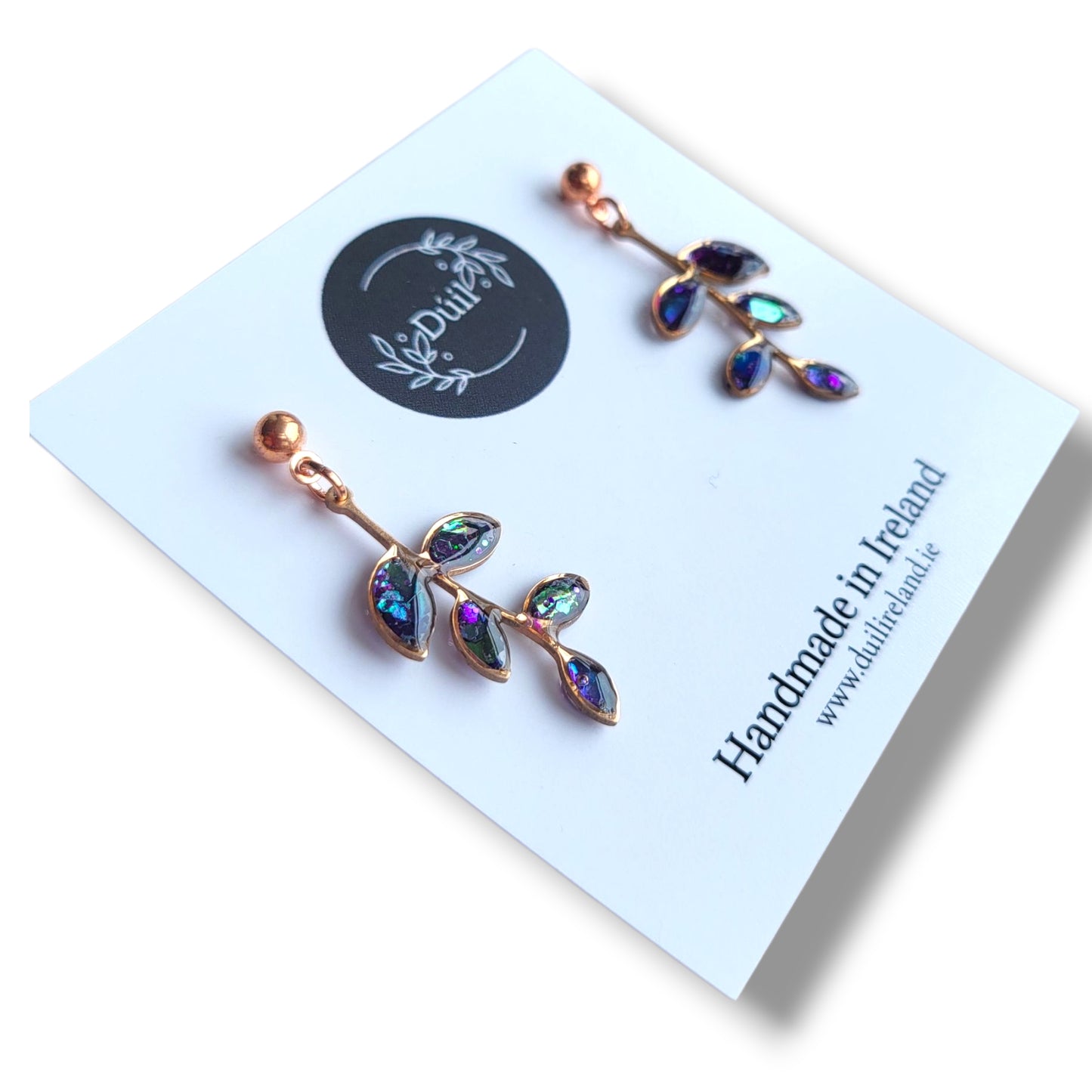 Iridescent Gold Leaf Drop Earrings, Handmade Irish Jewellery, Nature Collection