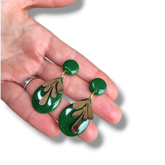 Olive Green & Gold Teardrop Dangle Earrings