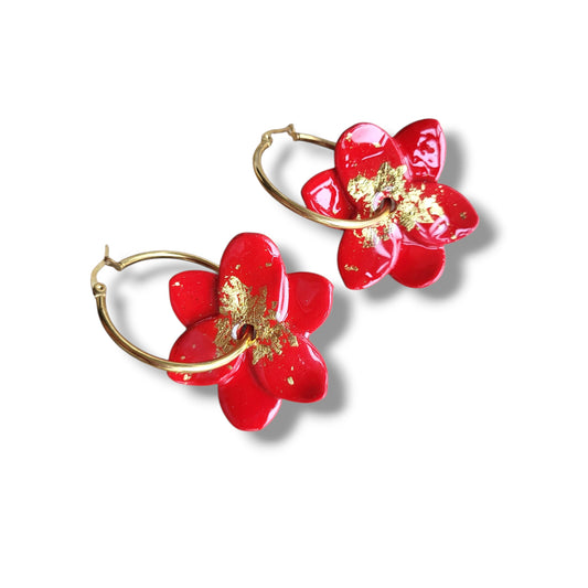 Red and Gold Flower Hoop Earrings