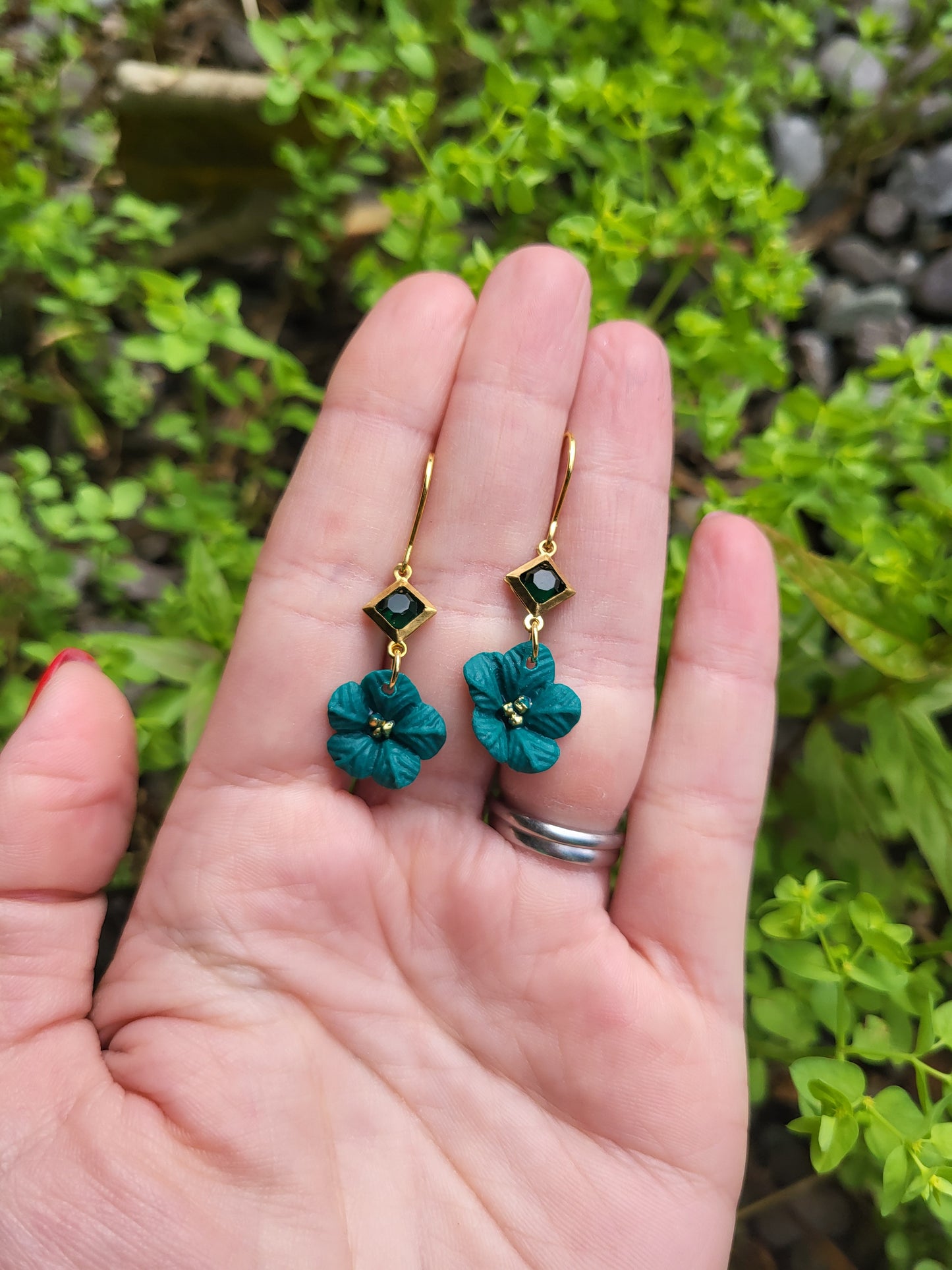 Green and gold flower earrings