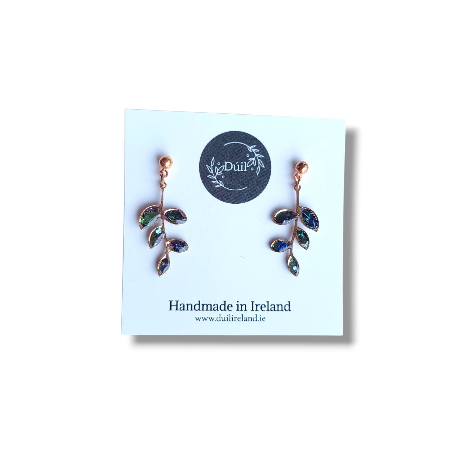 Iridescent Gold Leaf Drop Earrings, Handmade Irish Jewellery, Nature Collection