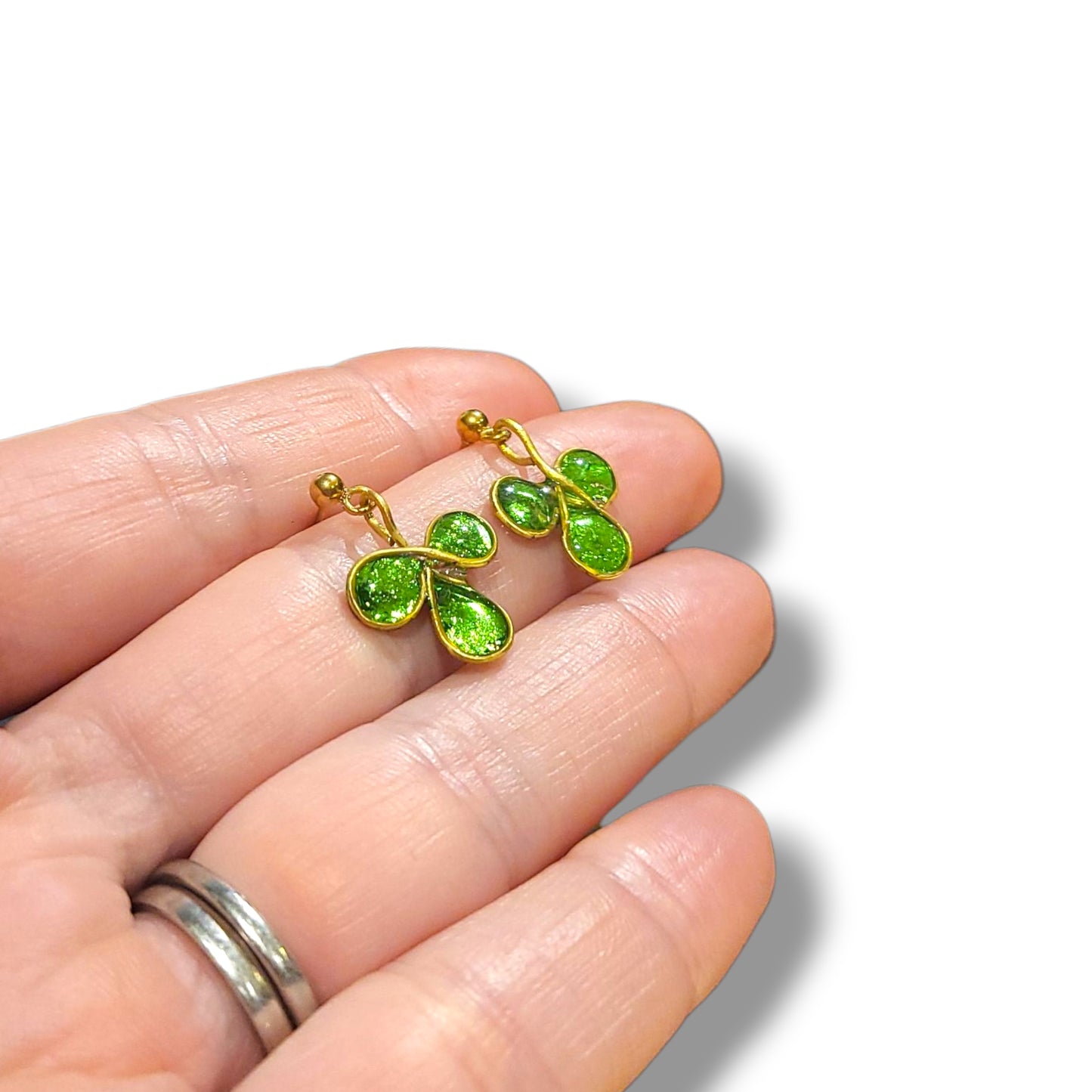 Green Shimmer Shamrock Dainty Dangle Earrings