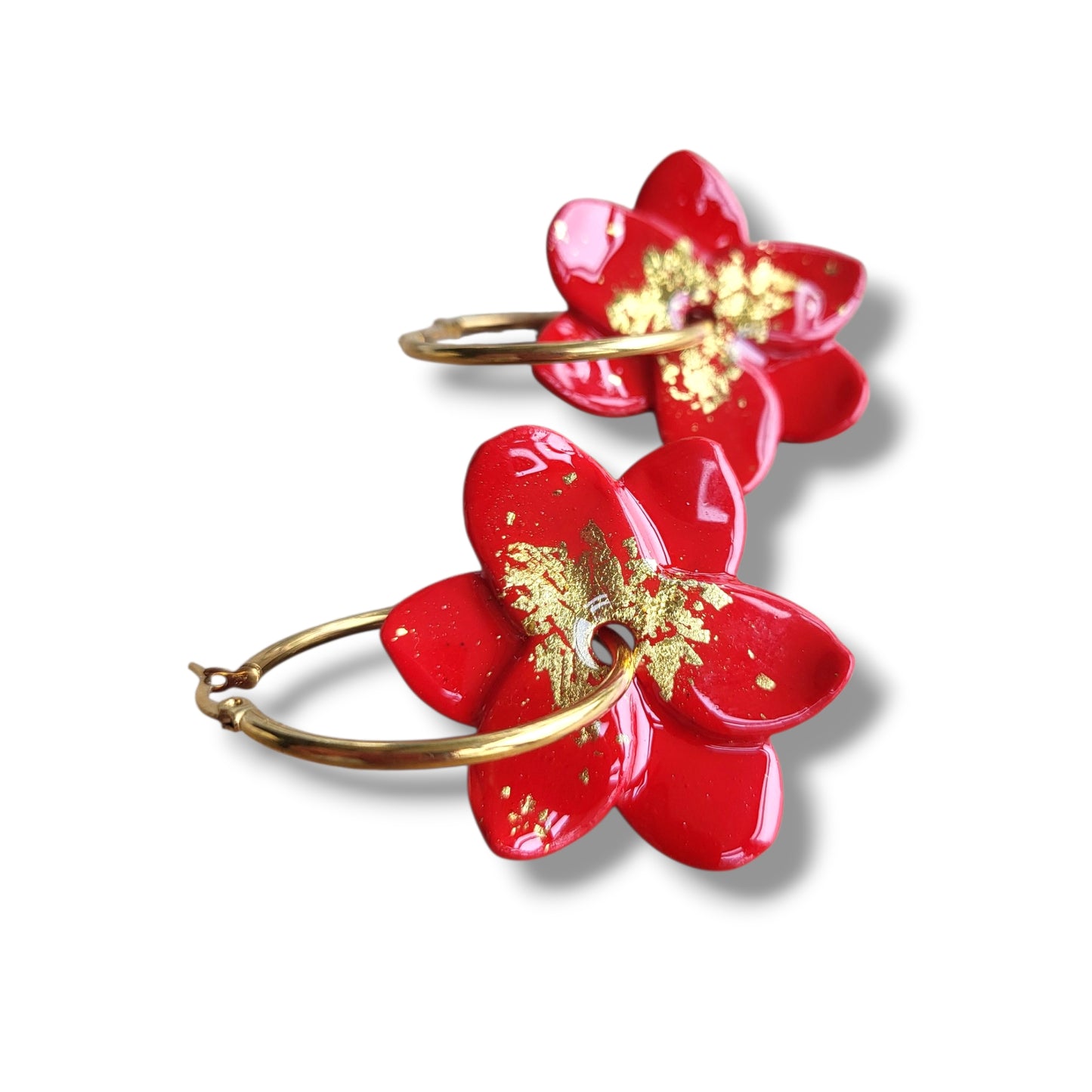 Red and Gold Flower Hoop Earrings