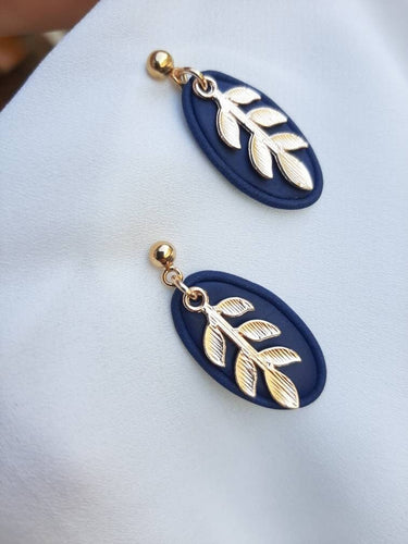 Navy and gold dangling earrings || leaf earrings || polymer clay earrings || handmade in Ireland || gifts for her - Dúil