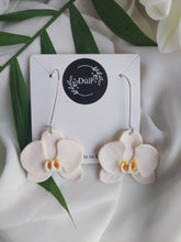 Load image into Gallery viewer, Large Orchid Dangles| polymer clay earrings | orchid earrings | Irish made earrings | Dúil | Irish jewellery | flower earrings - Dúil
